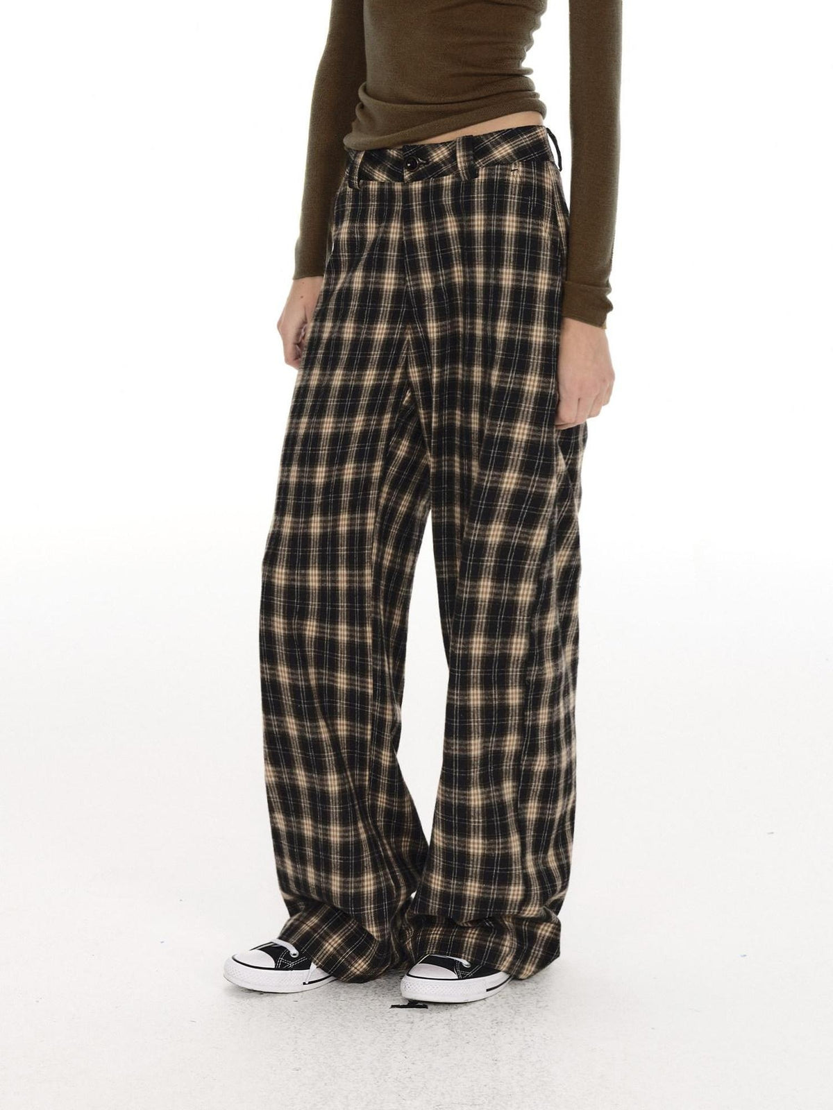 Country Moment 100% Cotton Vintage Wide Leg Black Brown Plaid Natural Waist Straight Pants