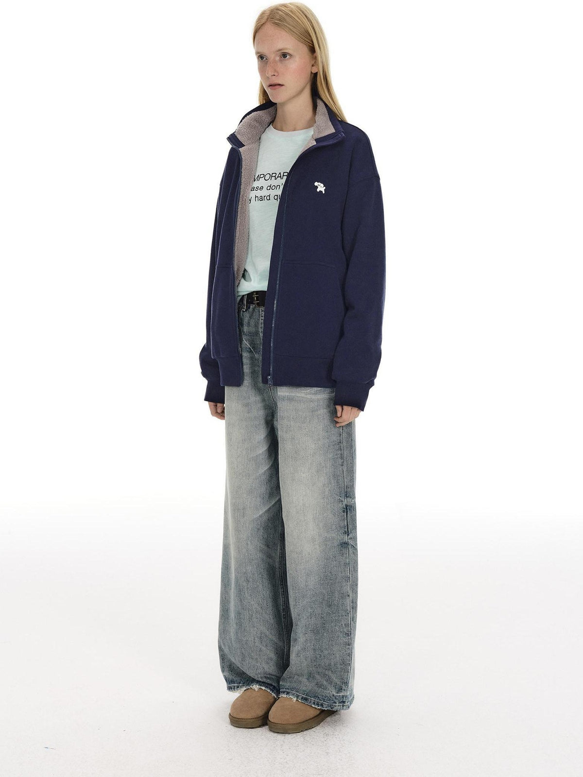 Country Moment Cozy Fleece Thick Loose Embroidered Stand Collar Unisex Cotton Zip Sweatshirt