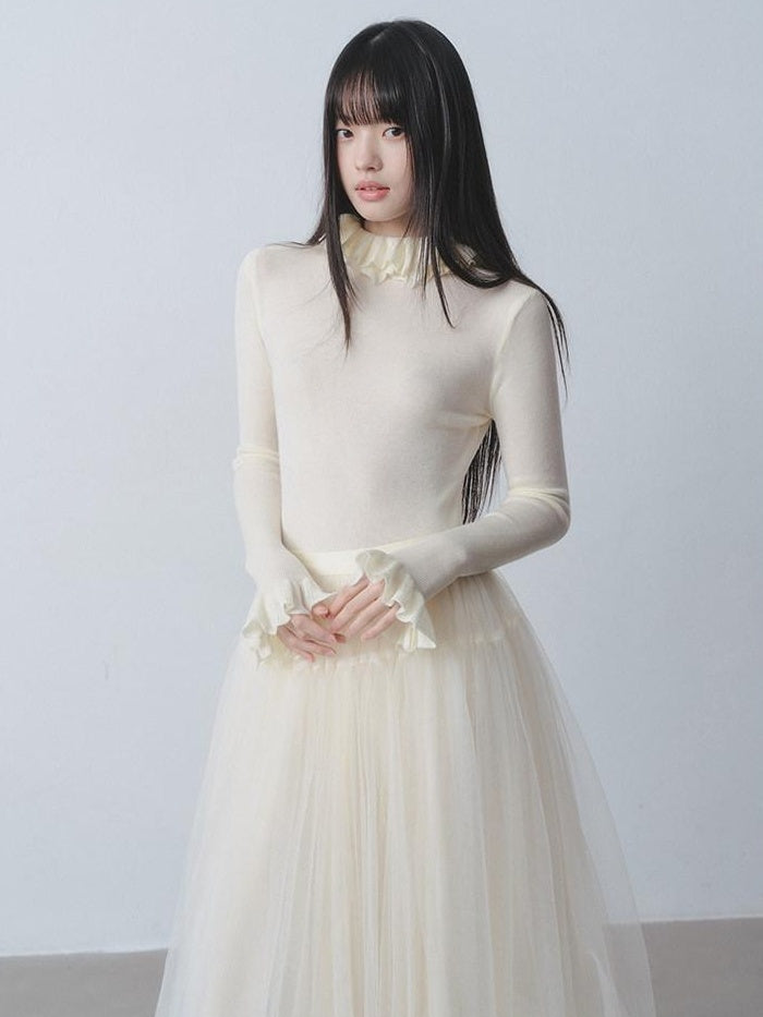 DDGIRL studio Warm Lightweight Slim Ruffle Collar Commuter Pullover Women Beige Sweaters