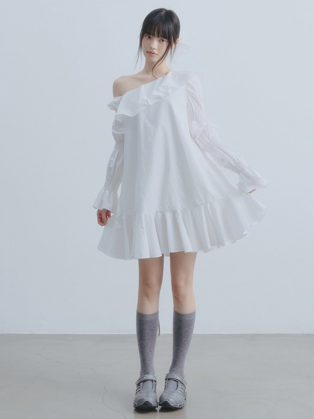 DDGIRL_studio_Soft_Cotton_Blend_Ruffle_High_Waist_Aline_Puff_Sleeve_Off_Shoulder_Midi_Dresses_MISSTT
