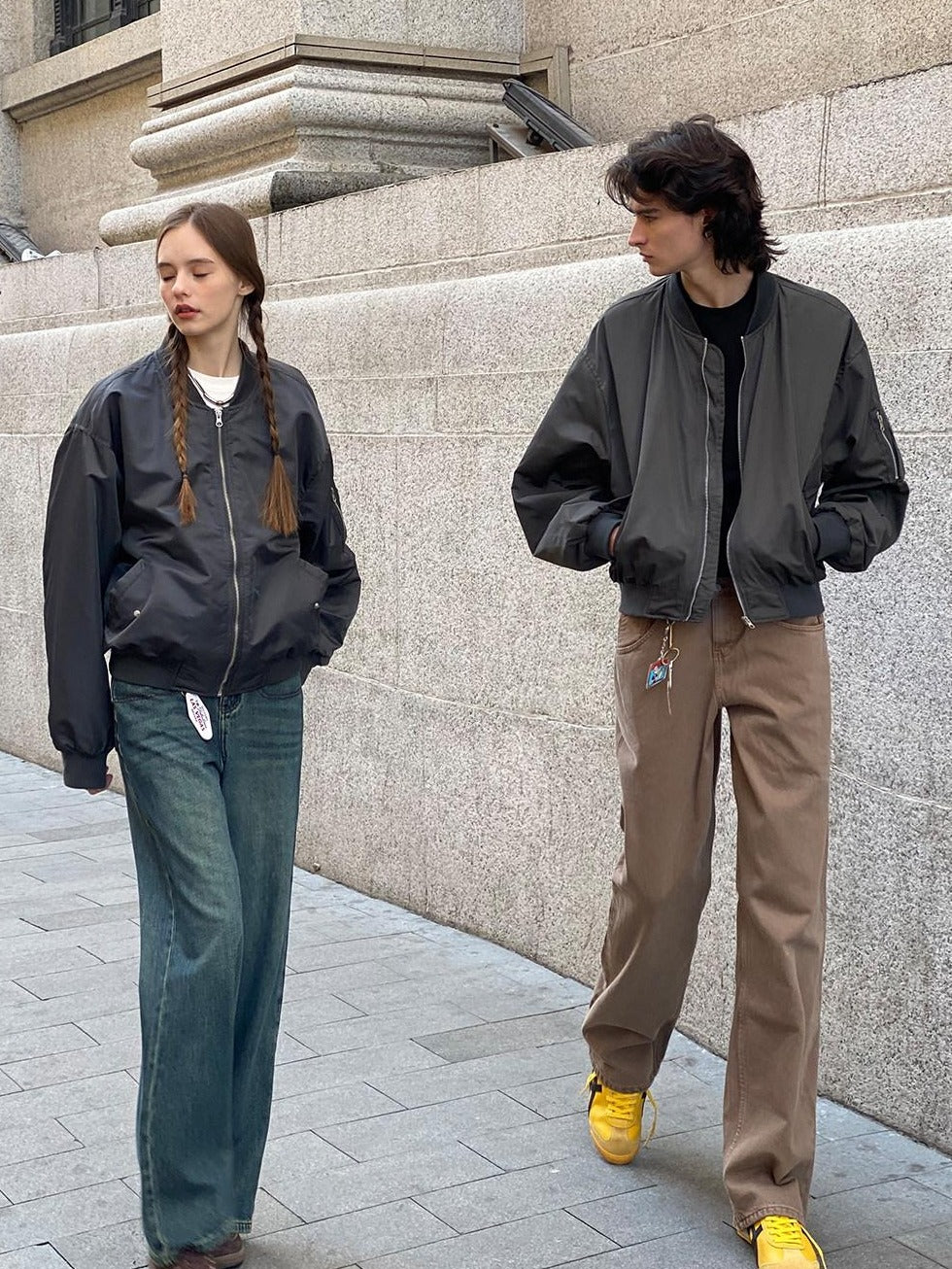 Country Moment Loose Cropped Youth Unisex Polyester Baseball Collar Dark Grey Bomber Jackets