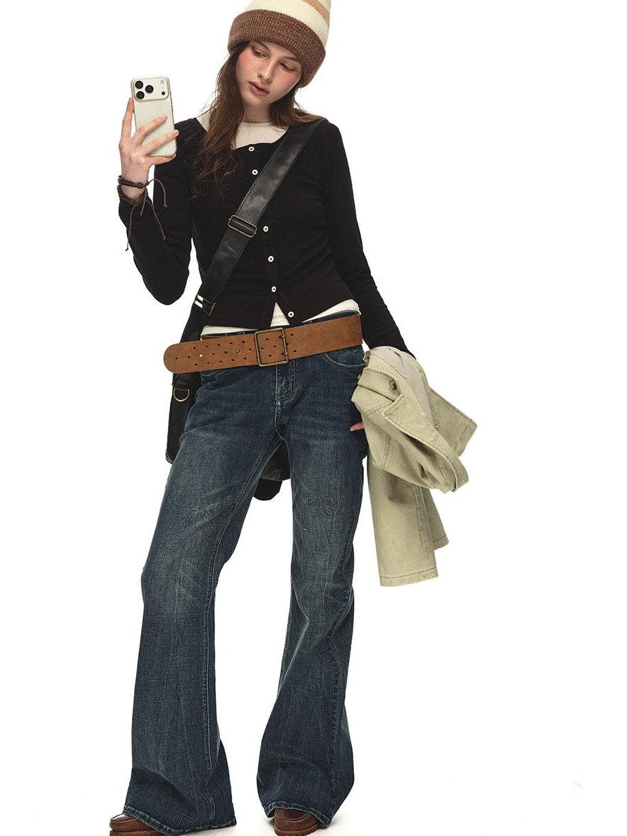 Country Moment Soft Cotton Blend Slim Cropped Round Neck Women Black Button Cardigans
