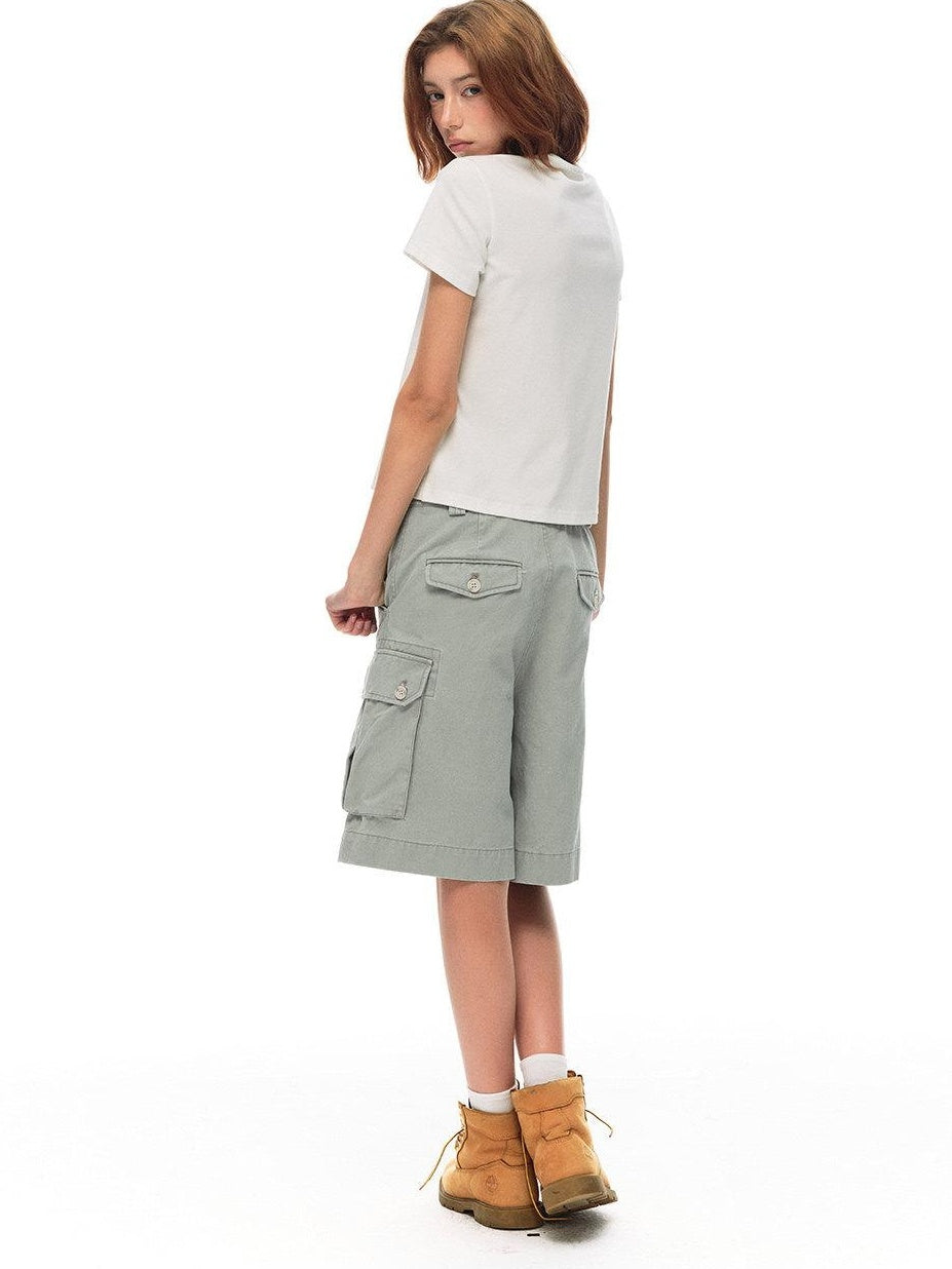 Country Moment Vintage Washed Relaxed Mid Rise Pockets Casual Pure Cotton Mid-Length Shorts