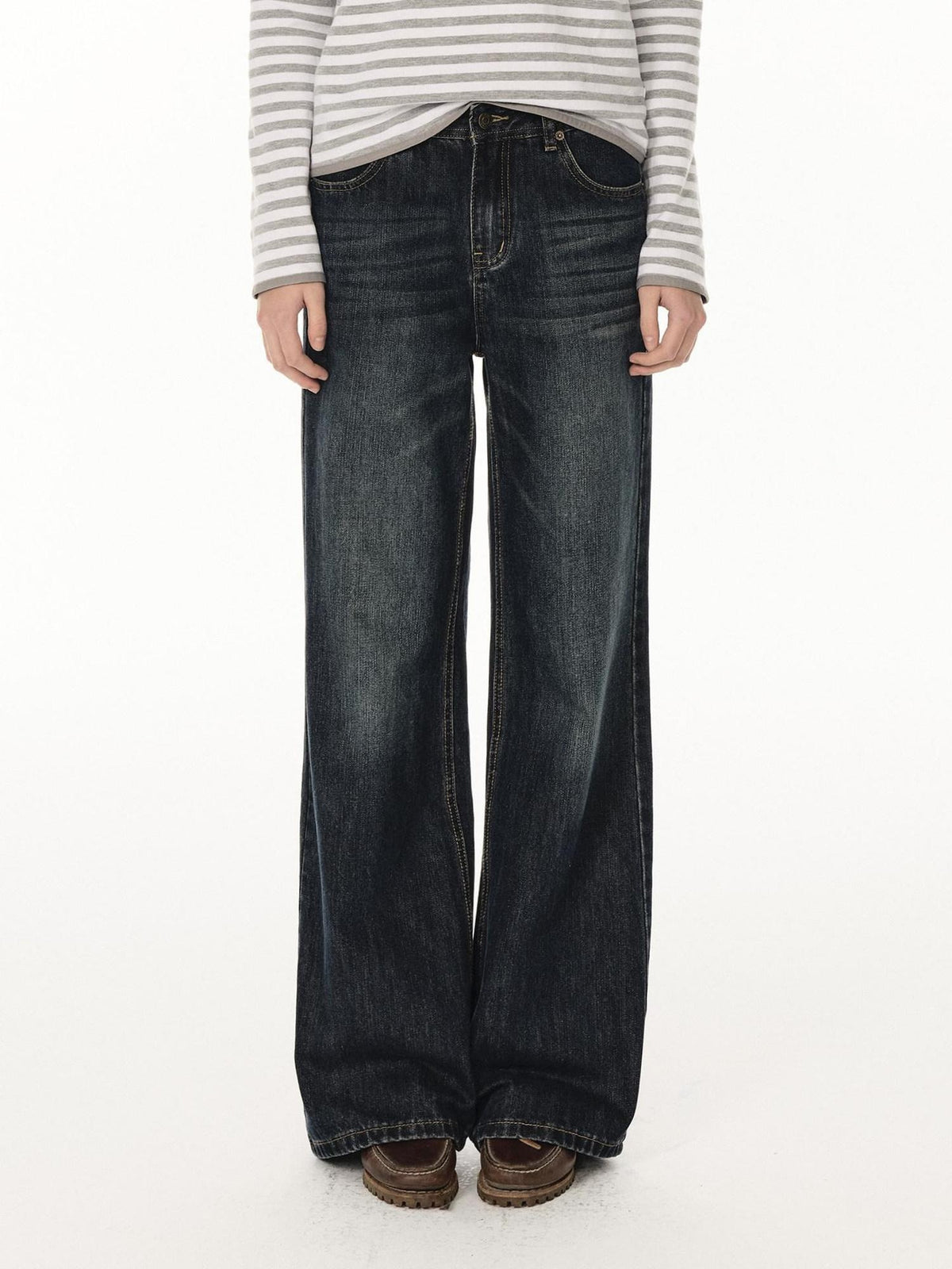 Country Moment Soft Cotton Blend Mid Rise Micro Flare Casual Deep Indigo Straight Leg Jeans