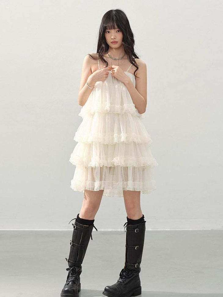 DDGIRL studio Breathable Soft Sweet Princess A Line Tiered Camisole Cream Mini Dresses