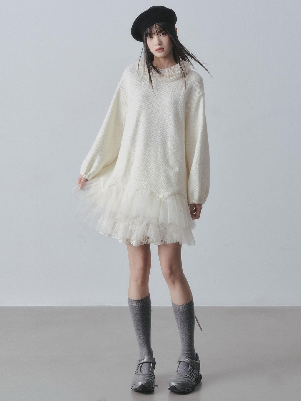 DDGIRL studio Sweet Soft Knit Tulle Panel A Line Long Sleeve Back Button Mini Dresses