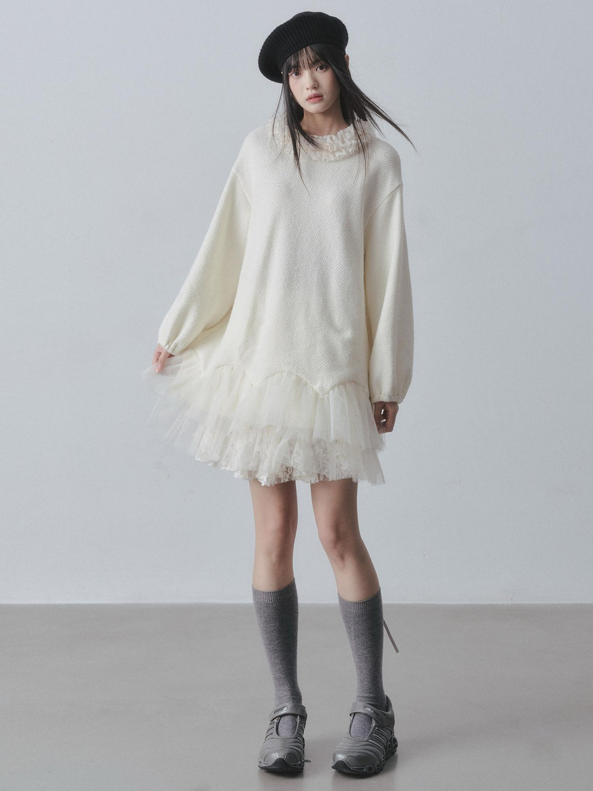 DDGIRL studio Sweet Soft Knit Tulle Panel A Line Long Sleeve Back Button Mini Dresses