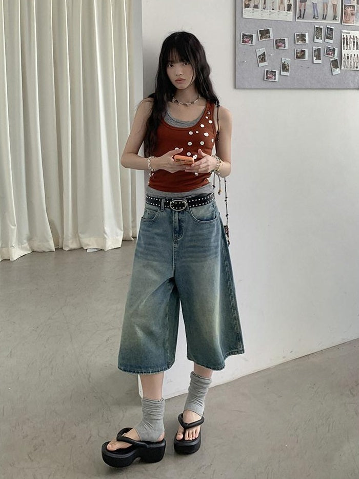DDGIRL studio Stretch Cotton Knit Slim Camisole U Neck Sequin Women Office Top & Pants Sets