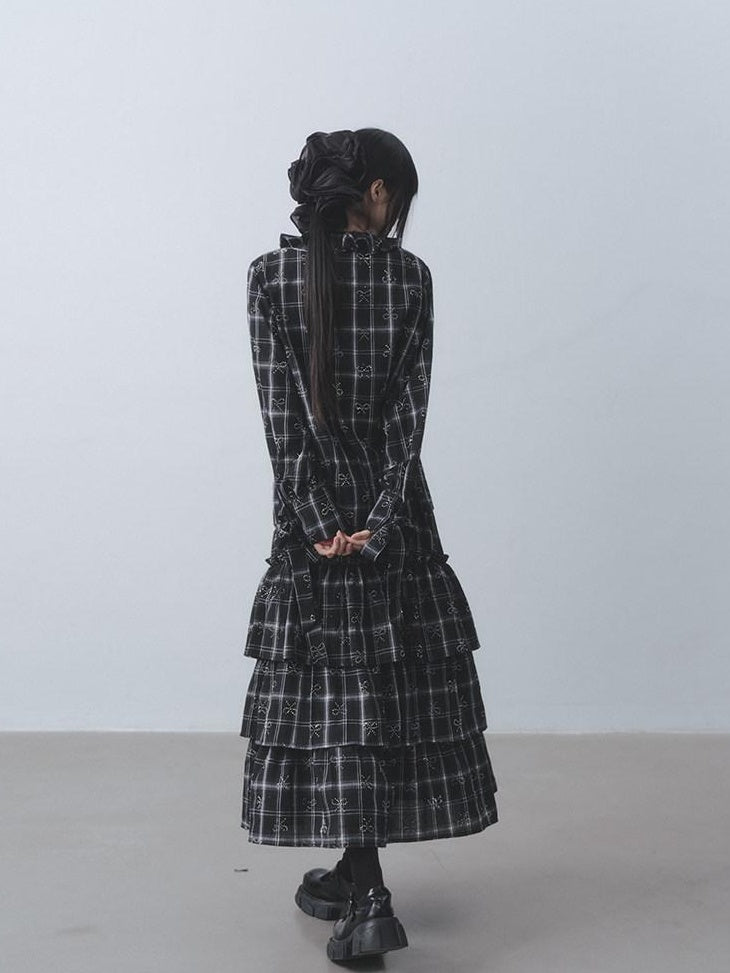 DDGIRL studio Wrinkle Free Black Plaid Collared Bow High Waist Loose Women Office Top & Skirt Sets