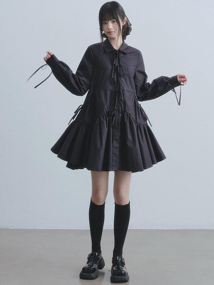 DDGIRL studio Soft High Waist Tie A Line Shirt Dress Office Black Cotton Midi Dresses