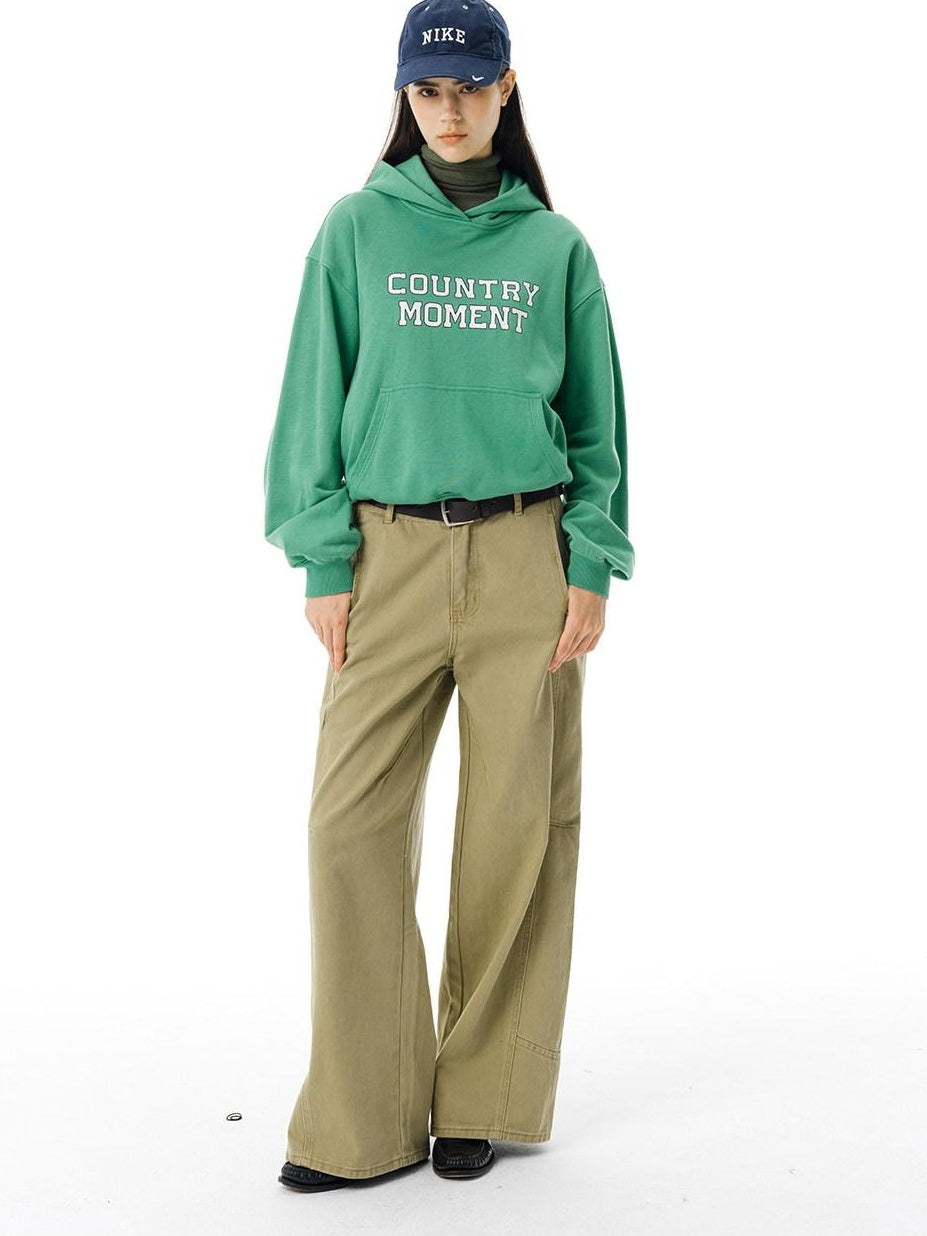 Country Moment Cropped Heavyweight Cotton Printed Loose Fit Unisex Green Streetwear Hoodie