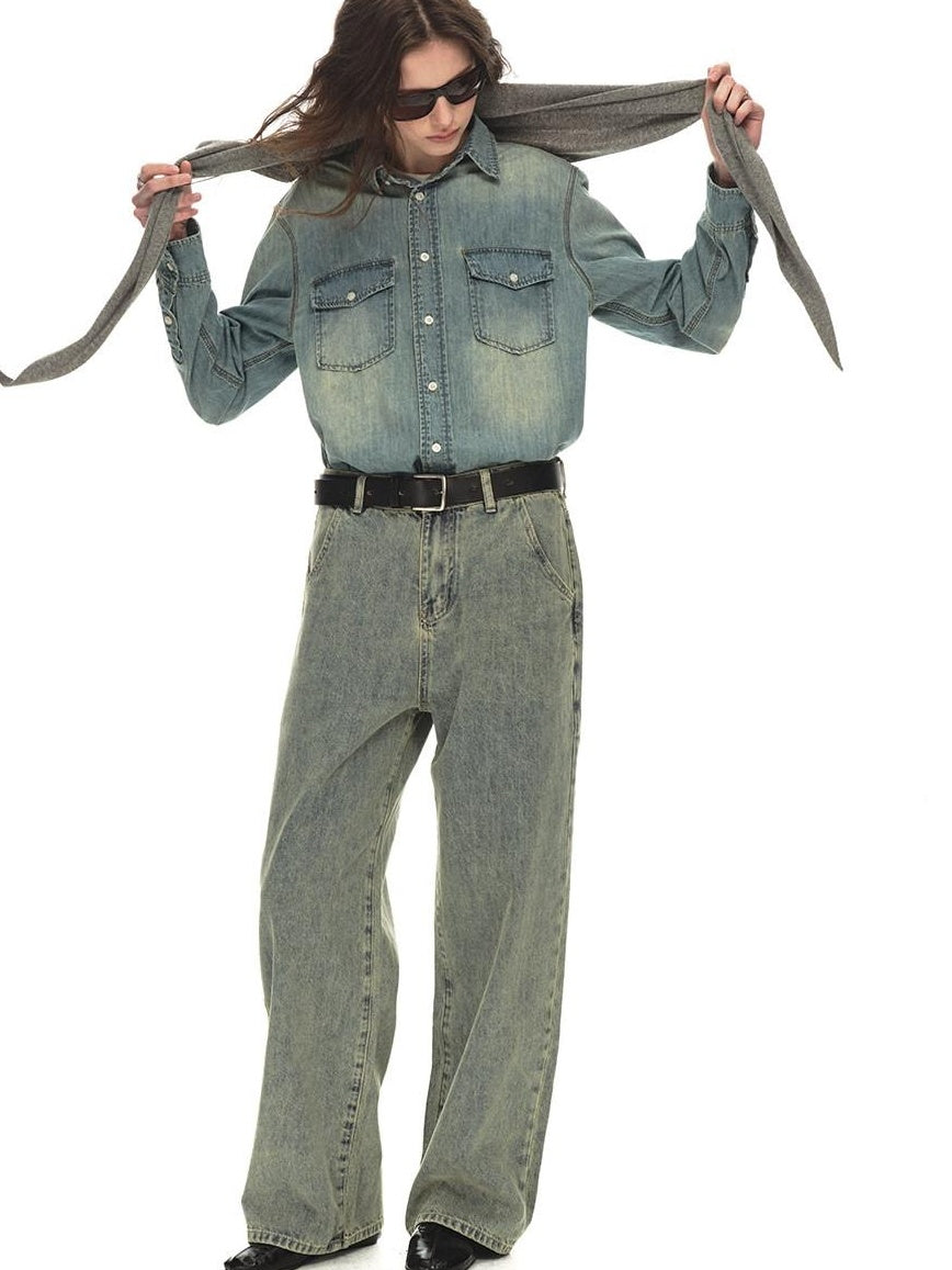 Country Moment Distressed Mid Rise Relaxed Unisex Breathable Cotton Grey Blue Wide Leg Jeans