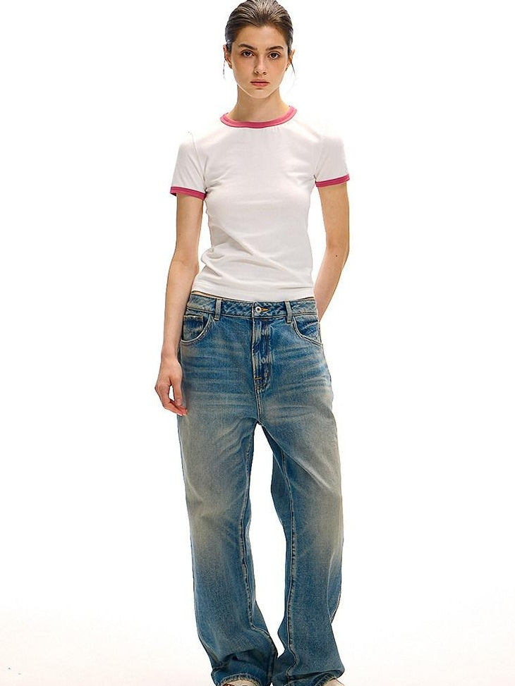 Country Moment 100% Cotton Ribbed Crew Neck Moisture Wicking Two Tone Short Sleeve T-Shirts