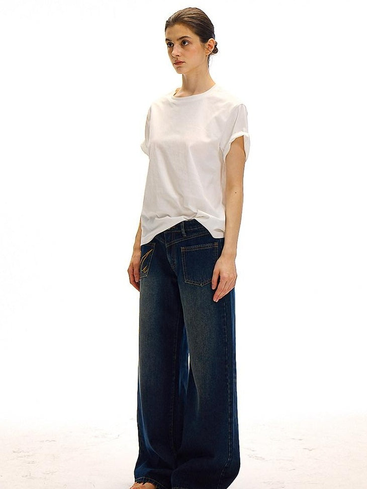 Country Moment High Waist Washed Denim Casual Loose Fit Zipper Fly Wide Leg Jeans