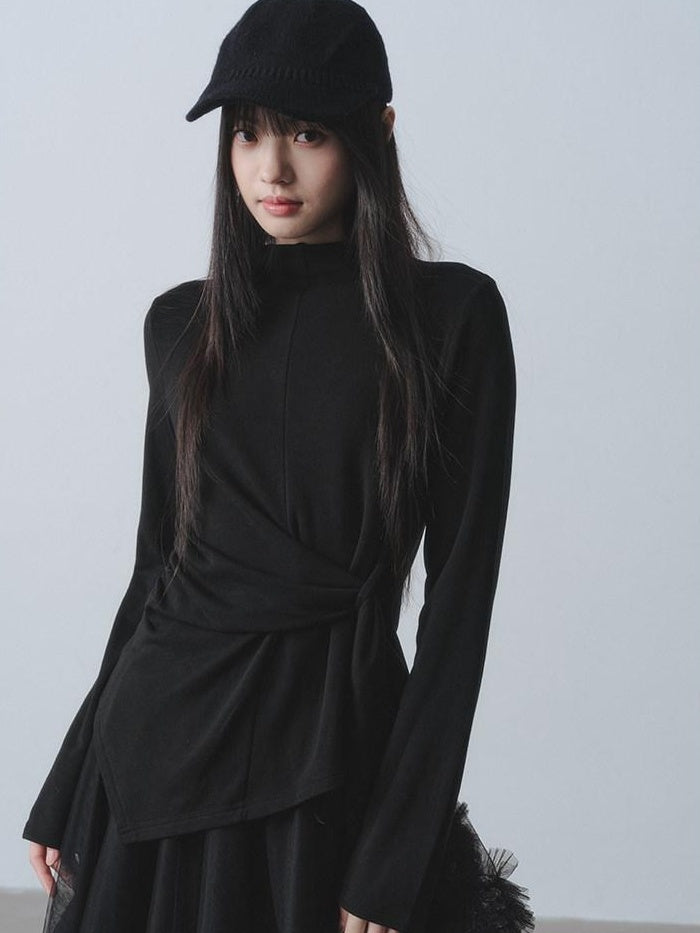 DDGIRL studio Soft Breathable Slim Spliced Tie Women Black Round Neck Long Sleeve T-Shirts
