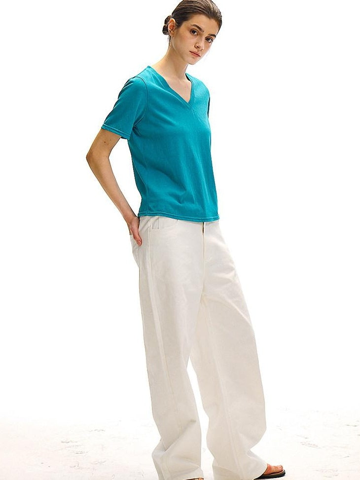Country Moment Moisture Wicking Street Straight V-neck Cotton Blend White Short Sleeve T-Shirts