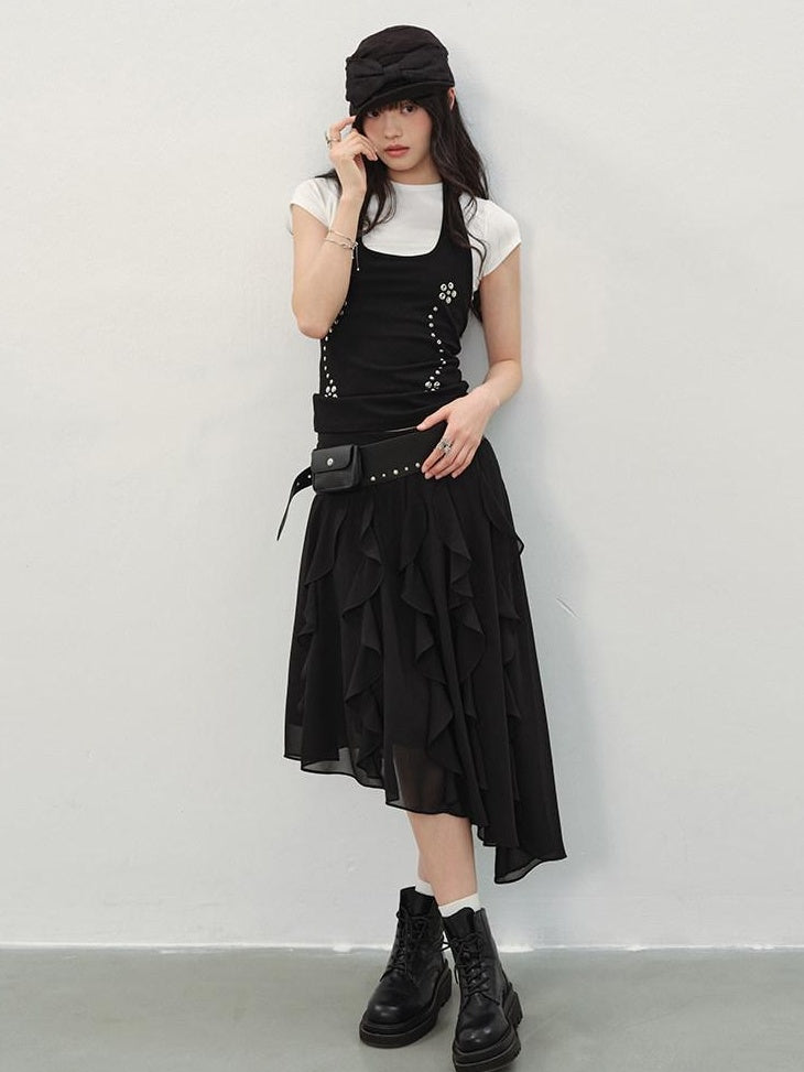 DDGIRL studio Breathable Cotton Vintage Studded Slim Fit Women Black Short Sleeve T-Shirts