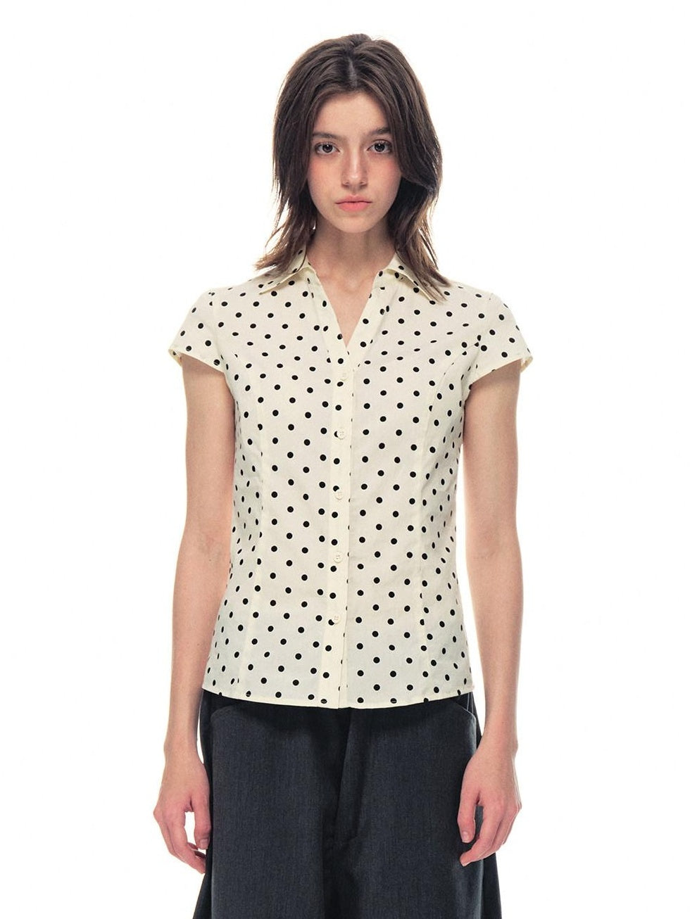 Country Moment Breathable Cotton Slim V-neck Polka Dot Button Cardigan Women Beige Shirts