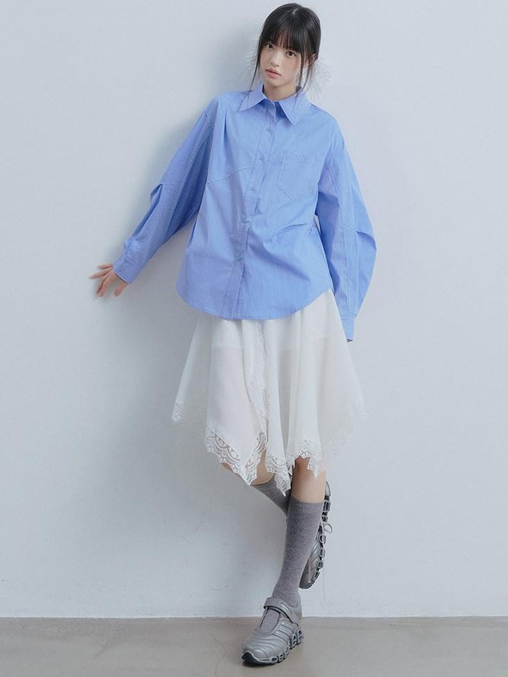 DDGIRL studio Breathable Cotton Blend Loose Patchwork Geometric Button Long Sleeve Shirts