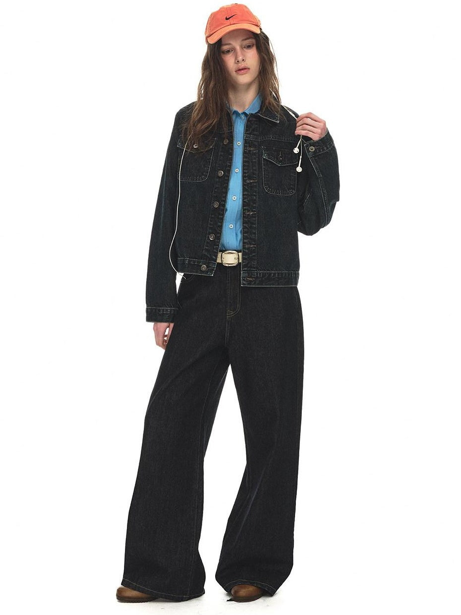 Country Moment Warm Cotton Mid Rise Loose Retro Button Fly Black Casual Commuter Wide Leg Jeans