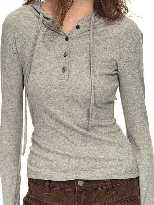 Country Moment Breathable Viscose Blend Hooded Henley Slim Casual Women Long Sleeve T-Shirts