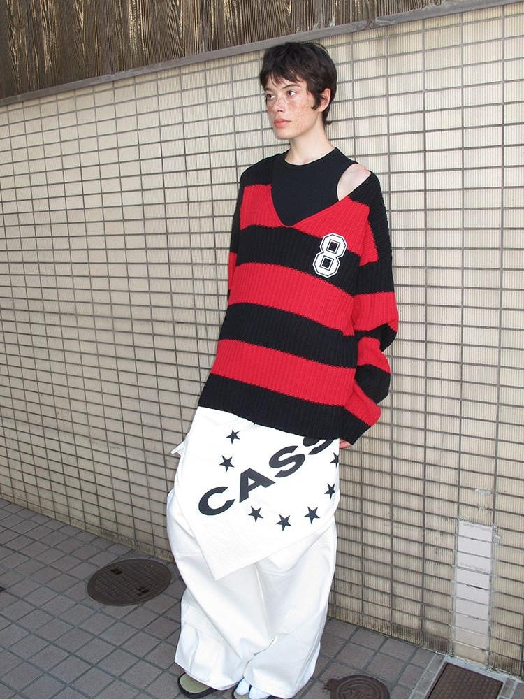 CasseSango Soft Breathable V-neck Openwork Colorblock Loose Unisex Casual Striped Sweaters