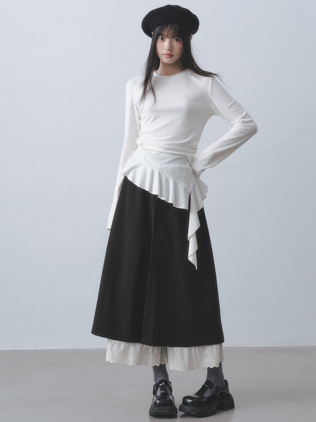 DDGIRL studio Soft Stretch Ruffle Asymmetric Slim Waist Women White Long Sleeve T-Shirts