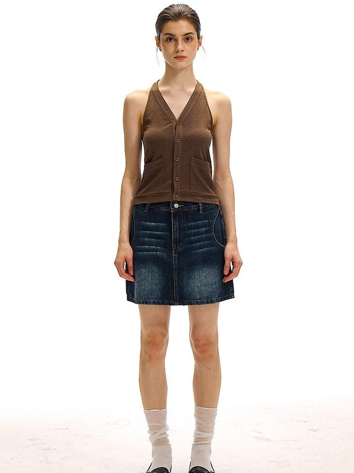 Country Moment Breathable Cotton Blend Vintage Office A Line Solid Blue Black Mini Skirts