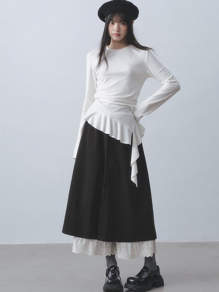 DDGIRL studio Soft Stretch Ruffle Asymmetric Slim Waist Women White Long Sleeve T-Shirts