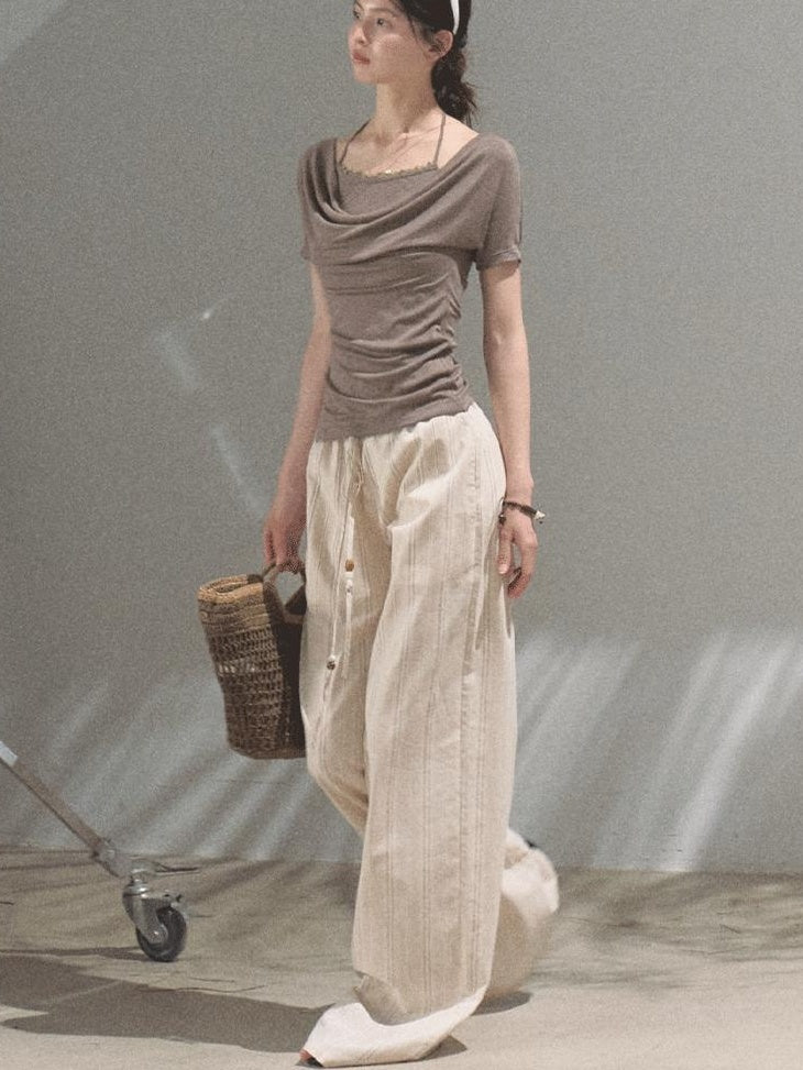 7 OAKMOO Lyocell Wool Blend Slim Casual Bardot Short Sleeve Mocha Off Shoulder Crop Tops