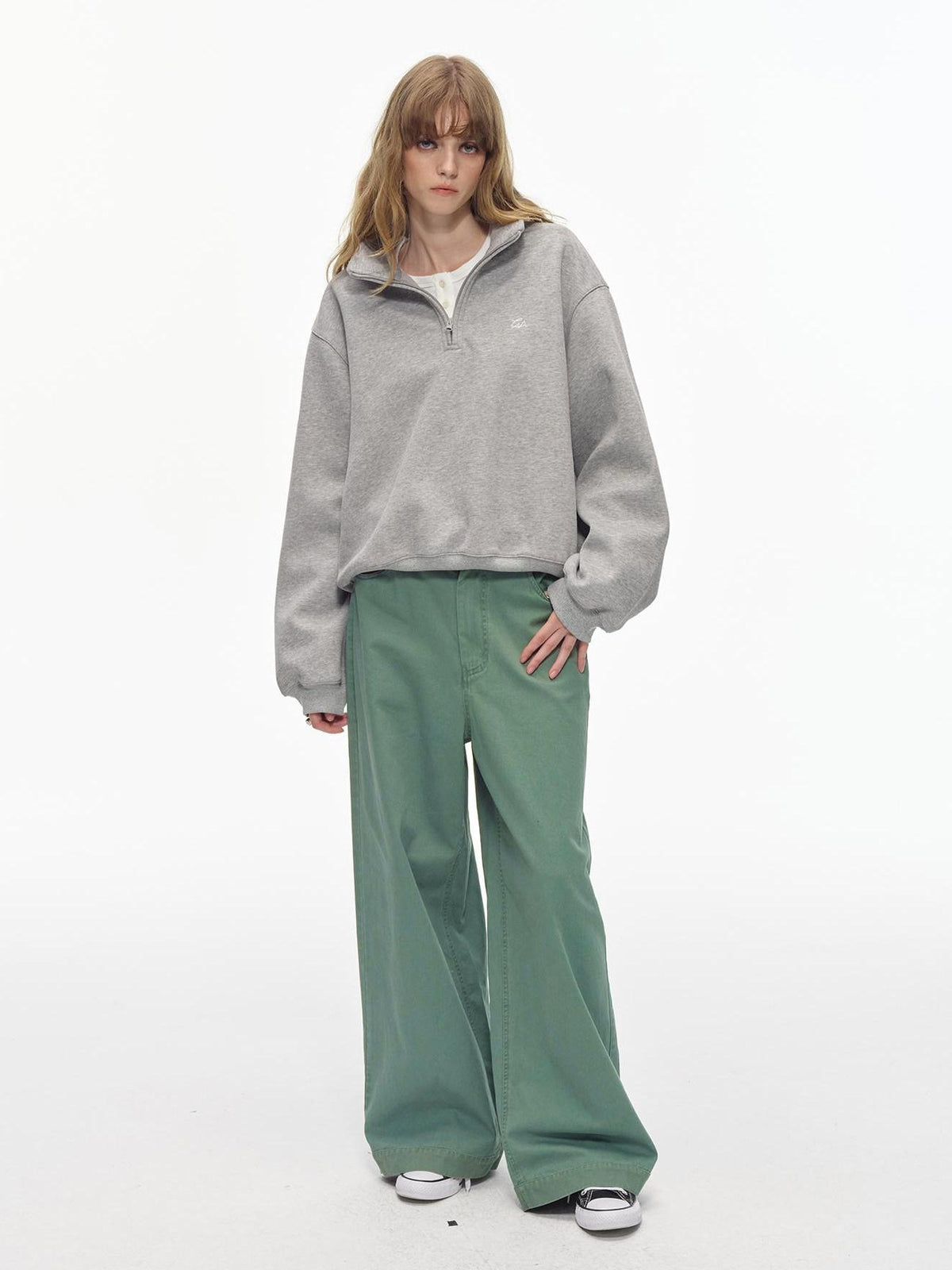 Country Moment Washed 100% Cotton Loose Straight Zipper Fly Youth Everyday Green Wide Leg Pants