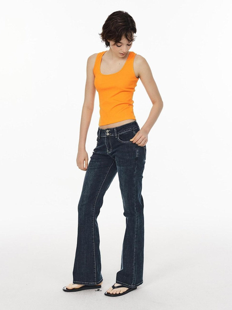 Country Moment Breathable Slimming Low Waist Slim Fit Button Fly Dark Blue Flared Jeans