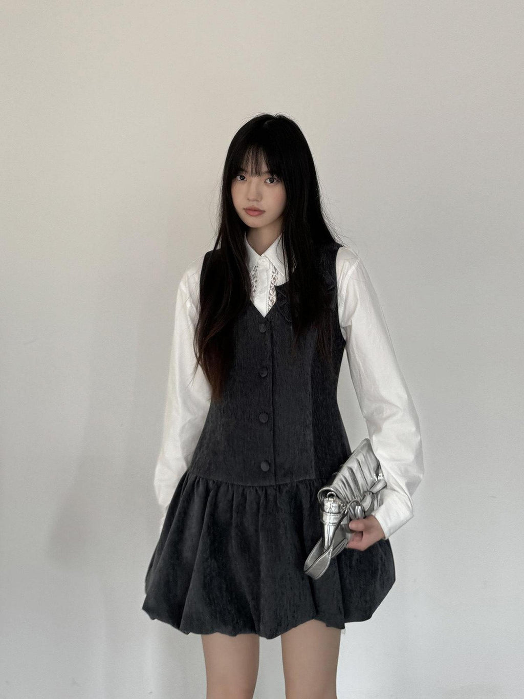DDGIRL studio Button Detail V-neck A Line Mid Waist Workwear Sleeveless Dark Gray Mini Dresses