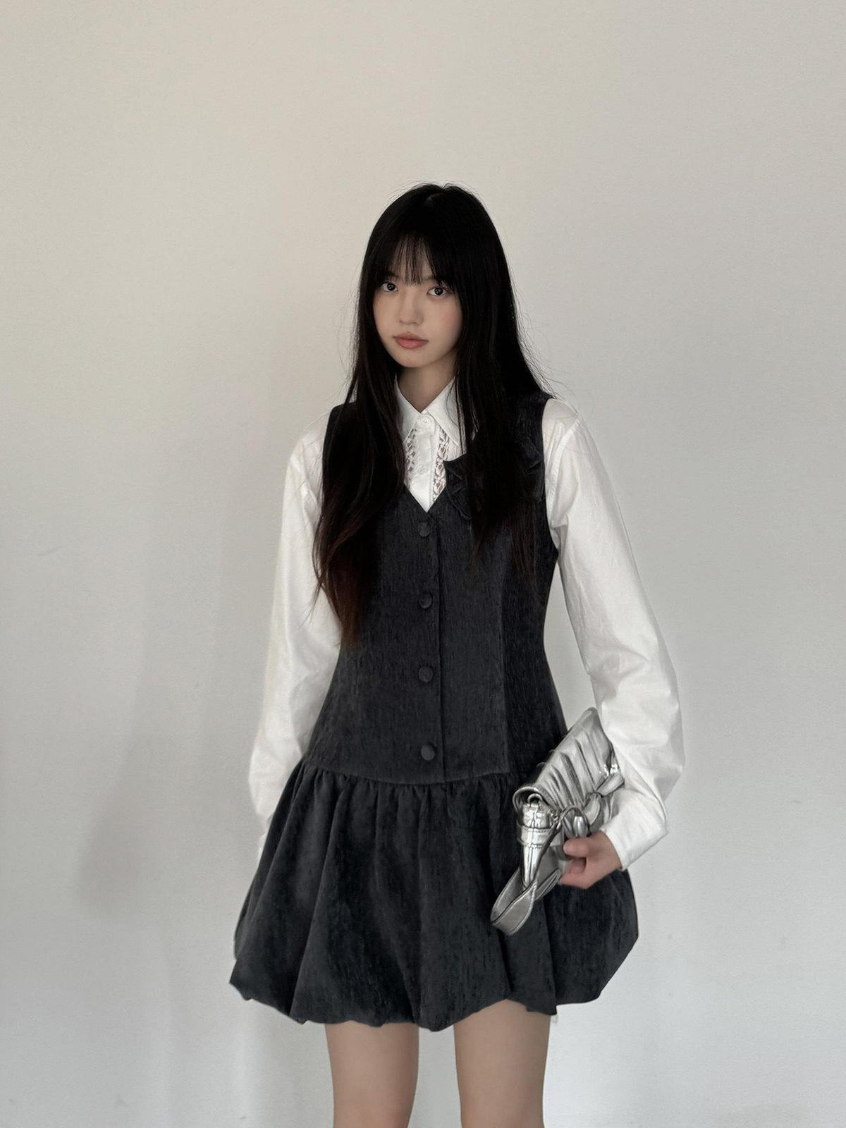DDGIRL studio Button Detail V-neck A Line Mid Waist Workwear Sleeveless Dark Gray Mini Dresses