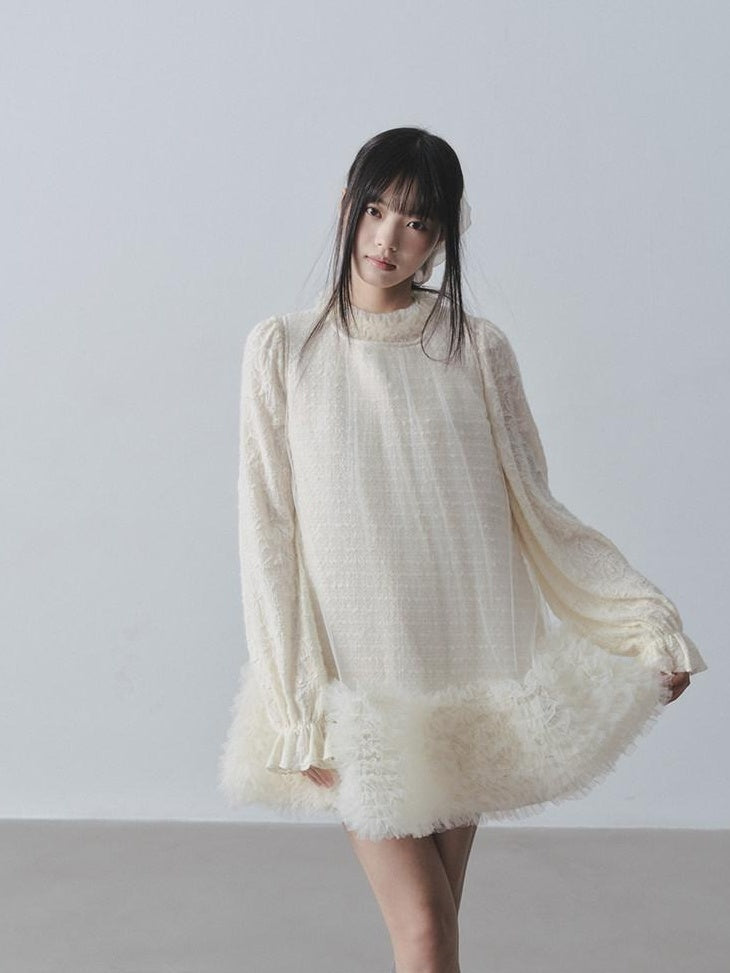 DDGIRL studio Ultra Soft Knit Petal Sleeve Pullover Office Casual Off White Mini Dresses