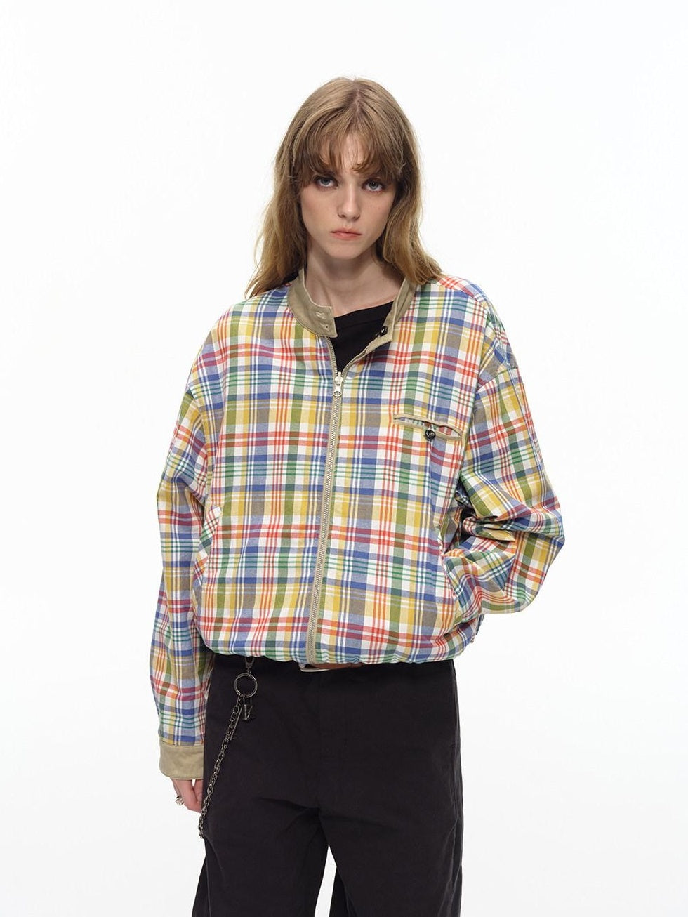 Country Moment Reversible Loose Vintage Plaid Unisex Khaki Cotton Windproof Cropped Jackets