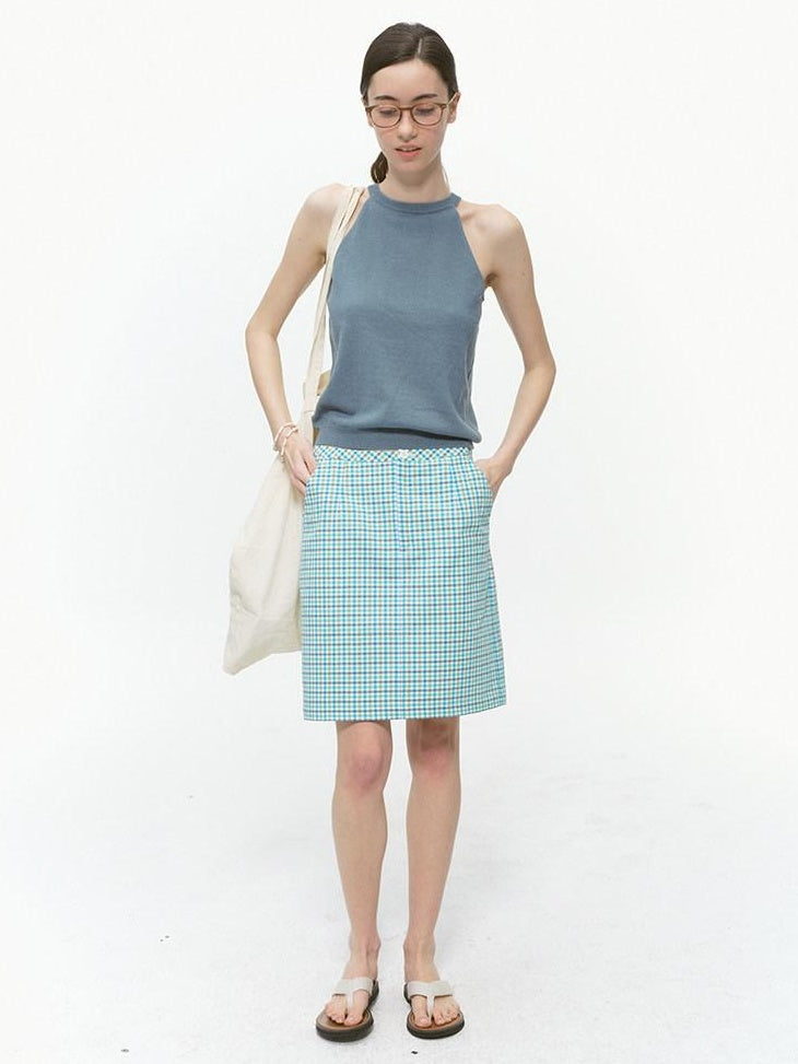 Country Moment Original Design Halter Slim Fit Lake Blue Wool Blend Solid Knit Camisoles