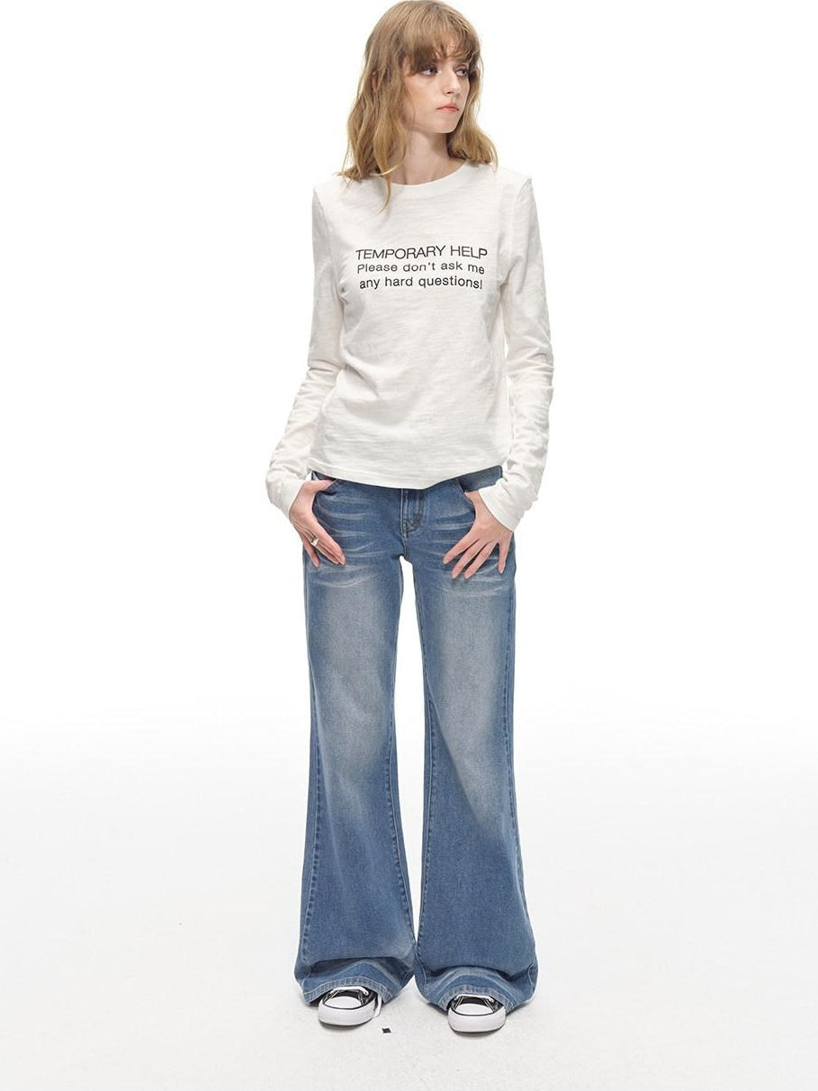 Country Moment Comfortable Low Rise Slim Fit Gradient Zipper Fly Washed Blue Flared Jeans