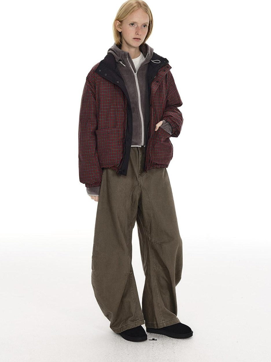 Country Moment High Fill White Duck Reversible Plaid Loose Fit Unisex Cotton Zip Down Jackets