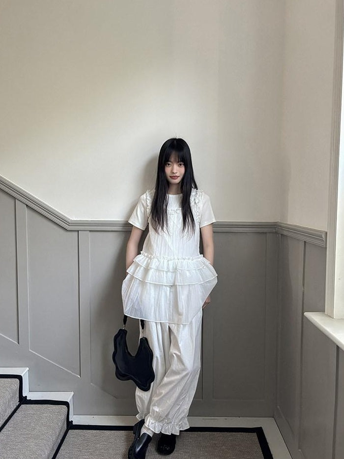 DDGIRL studio Original High Waist Drawstring Washed Cotton Nylon Lantern White Wide Leg Pants