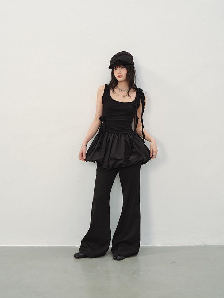 DDGIRL studio Slim Mid Rise Washed Black Micro Flare Zipper Casual Women Straight Pants