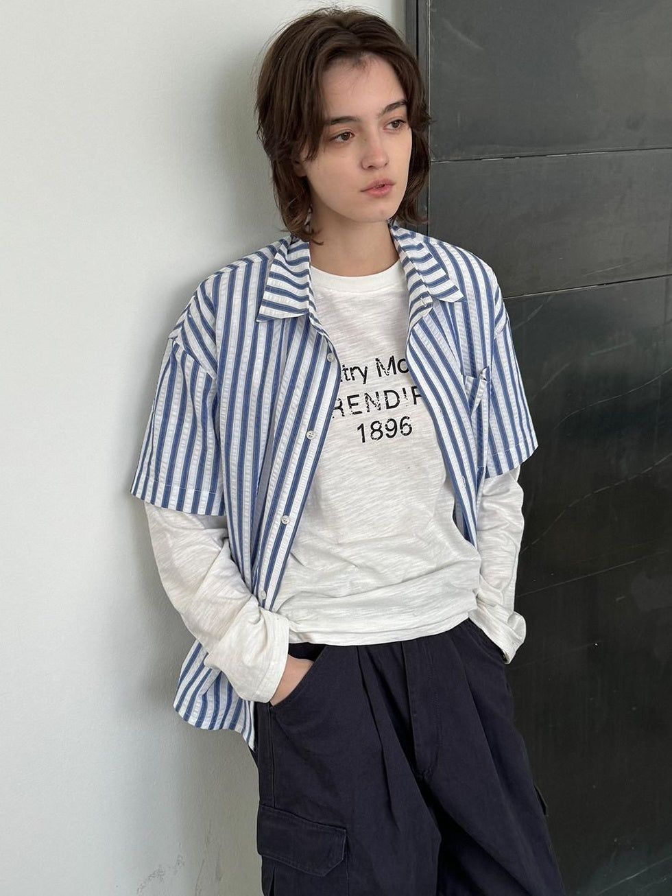 Country Moment Cotton Blend Blue White Striped Square Neck Relaxed Fit Teen Short Sleeve Shirts