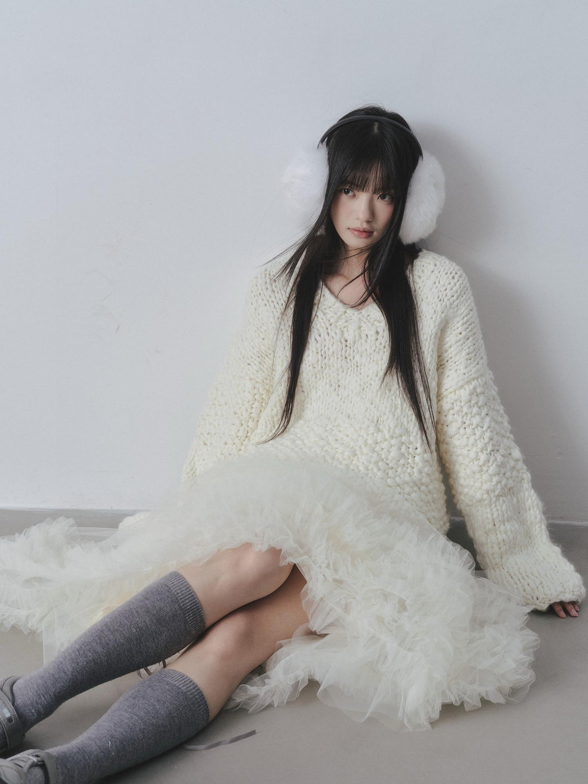 DDGIRL studio Cozy Soft Crochet V-neck Relaxed Oversized Women Campus Acrylic Wool Sweaters