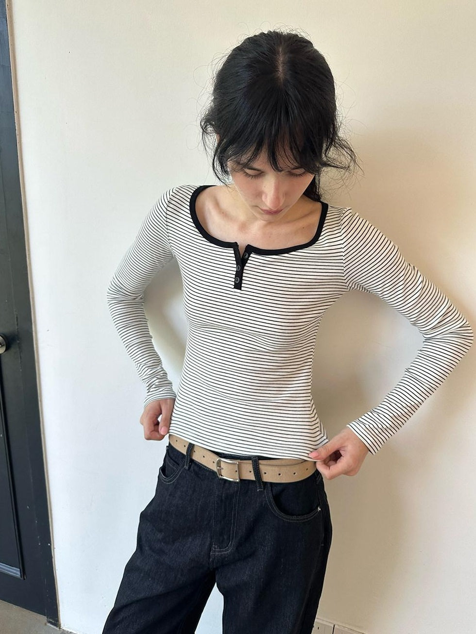 Country Moment Breathable Cotton Slim Fit Retro Striped Henley Women Long Sleeve T-Shirts