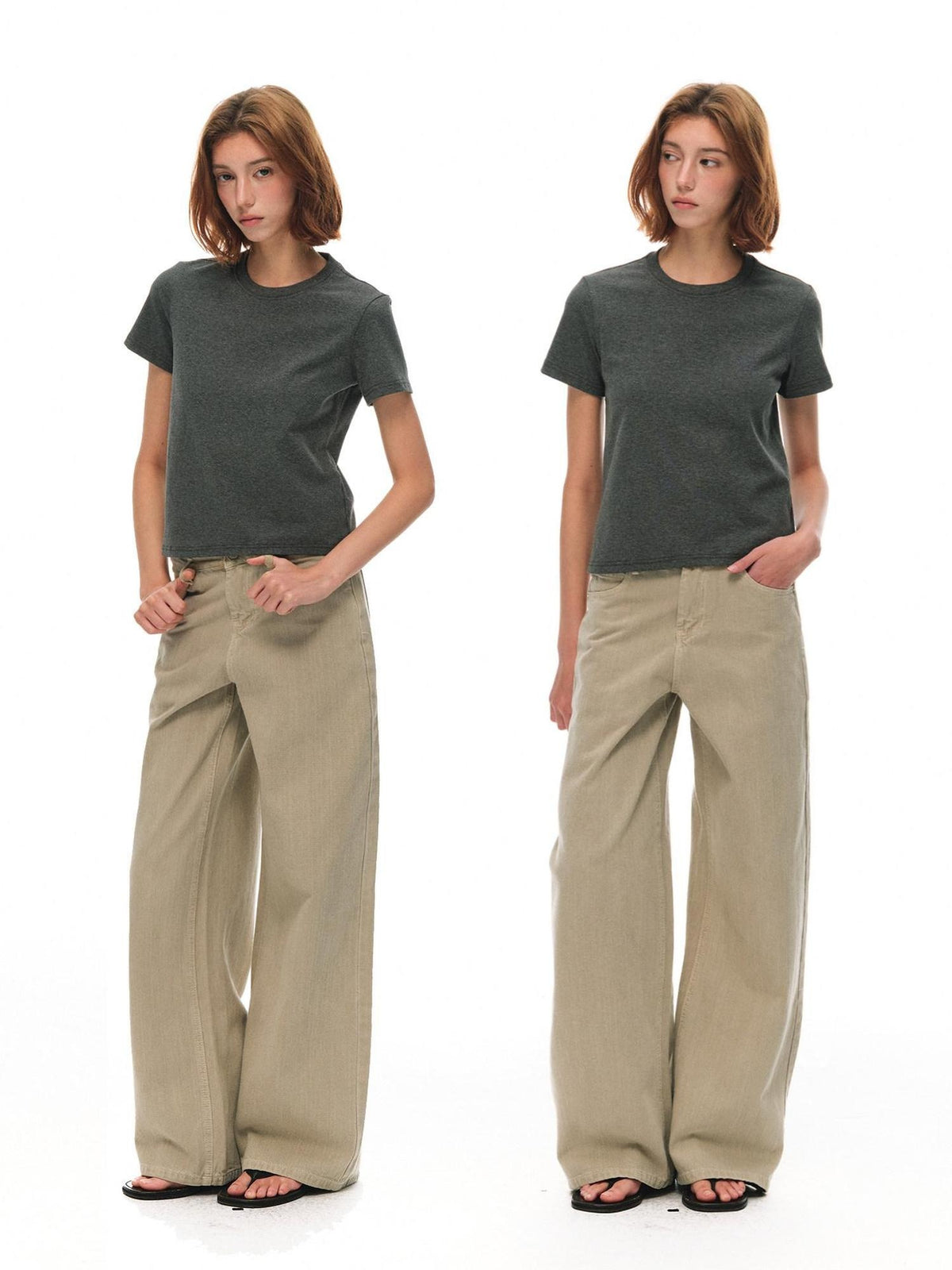 Country Moment Breathable Durable Mid Rise Zipper Fly Loose Khaki Cotton Casual Wide Leg Jeans