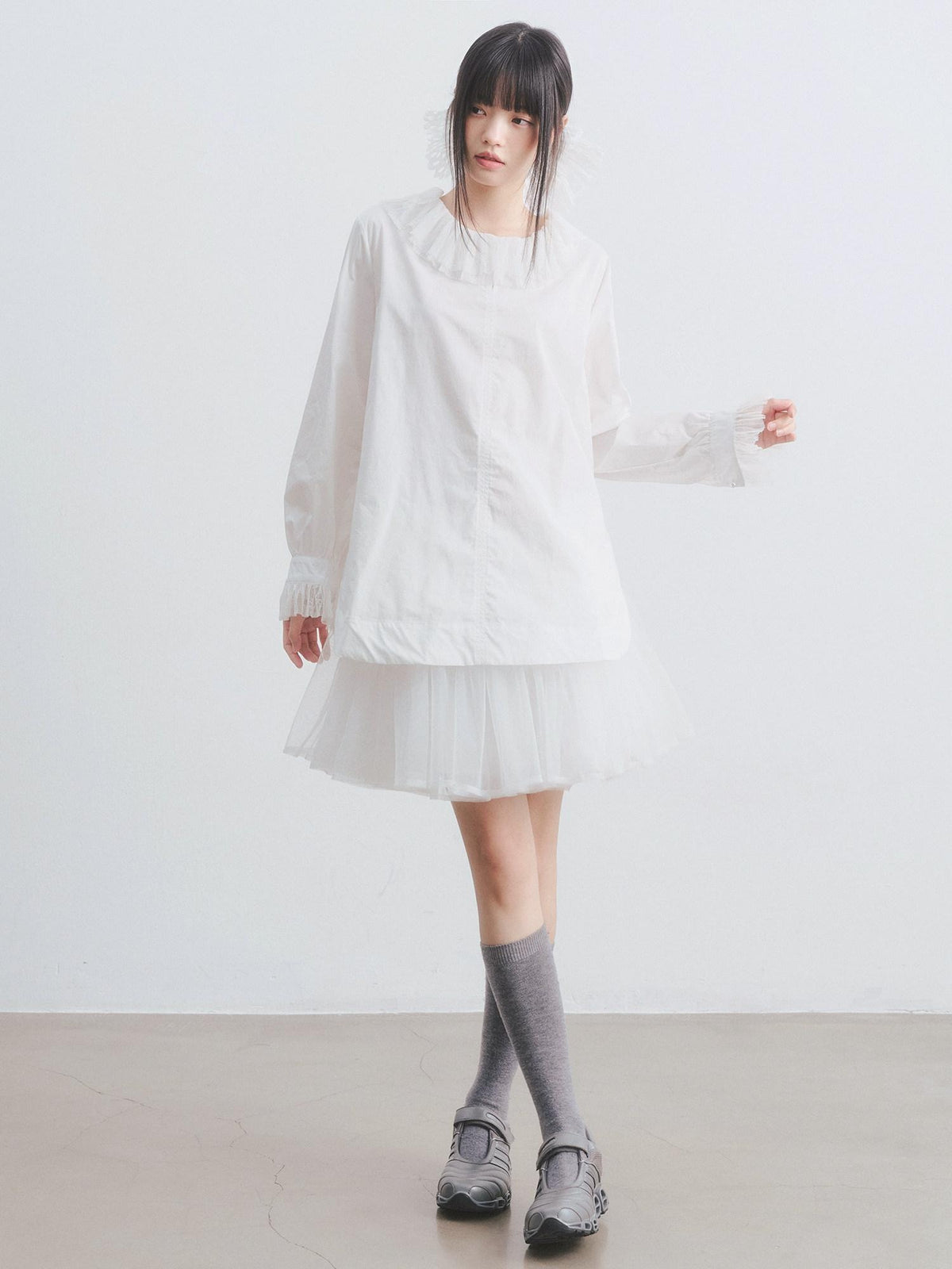 DDGIRL studio Breathable Cotton Lace Doll Collar Petal Sleeve Long Loose Commuter White Shirts