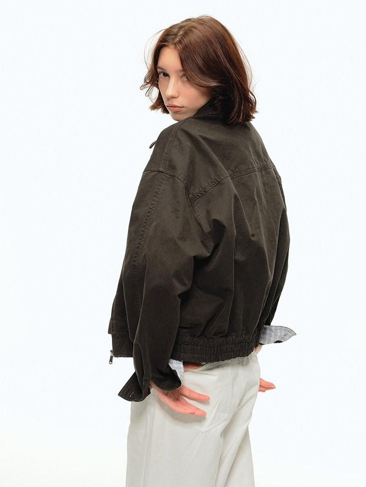 Country Moment 100% Cotton Oversized Zip Front Unisex Dark Gray Long Sleeve Cropped Jackets