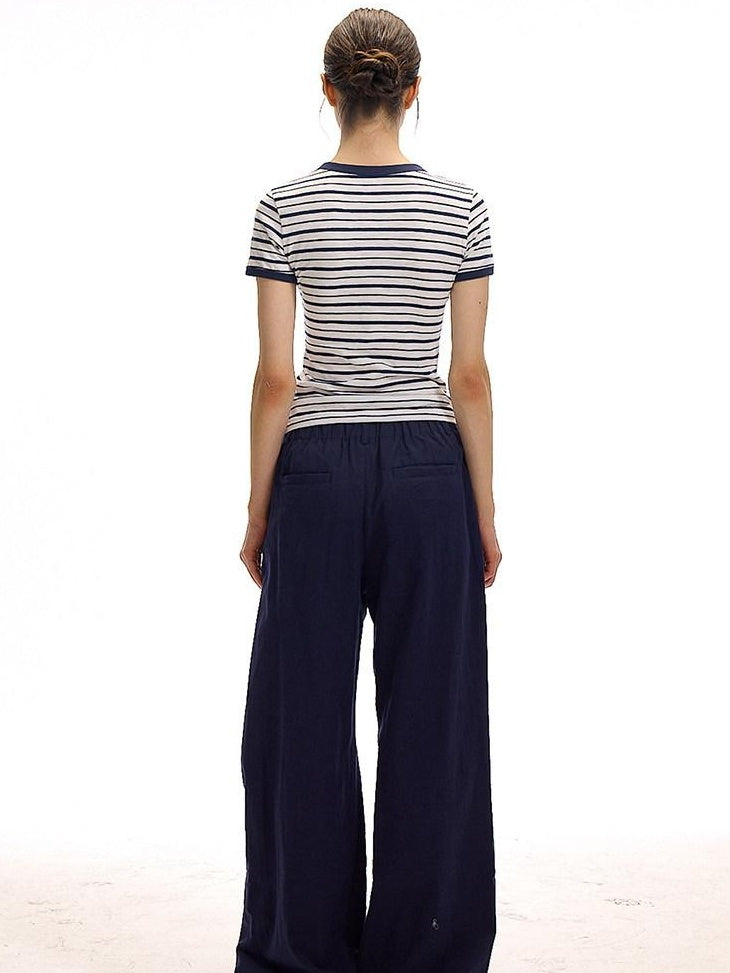 Country Moment Cotton Linen Minimal Belted Natural Waist Navy Office Wide Leg Pants