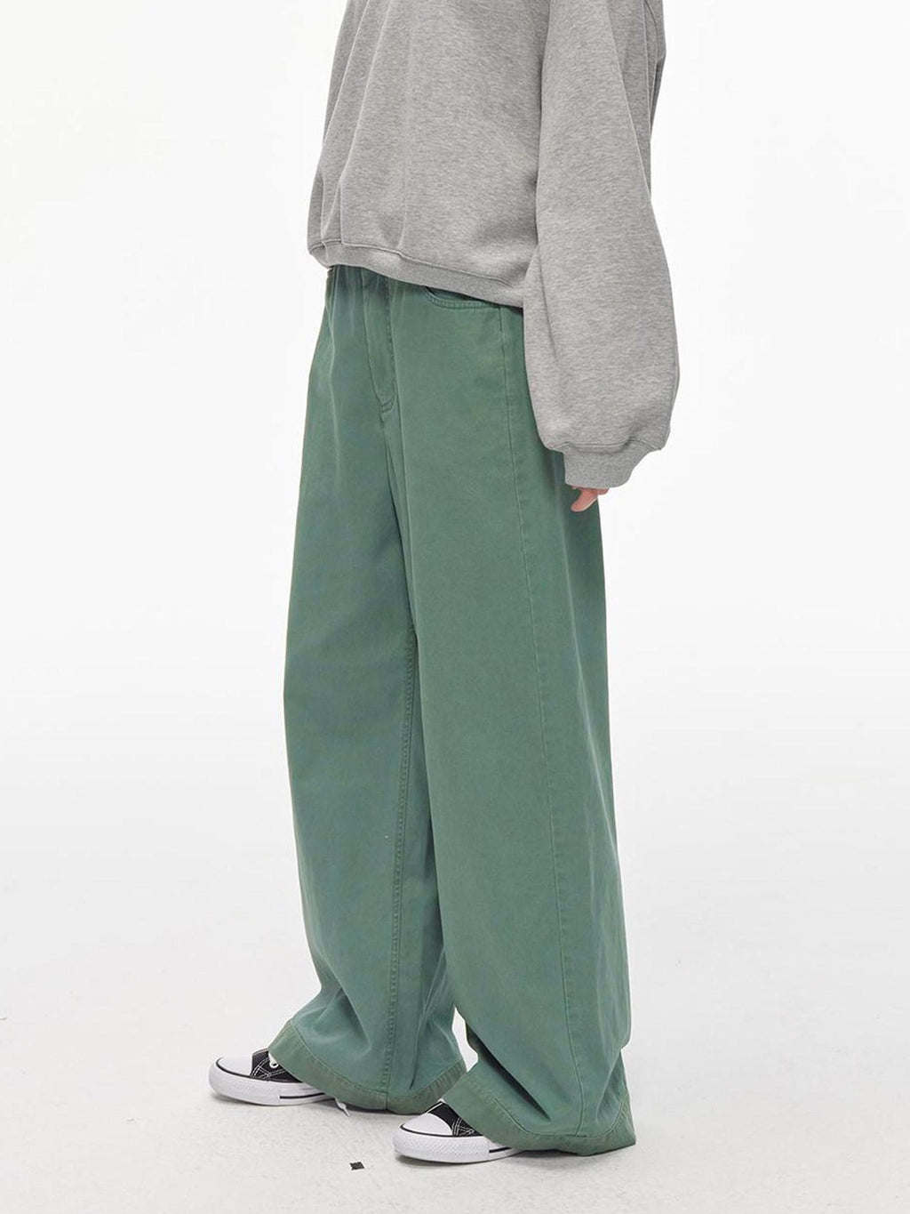 Country Moment Washed 100% Cotton Loose Straight Zipper Fly Youth Everyday Green Wide Leg Pants