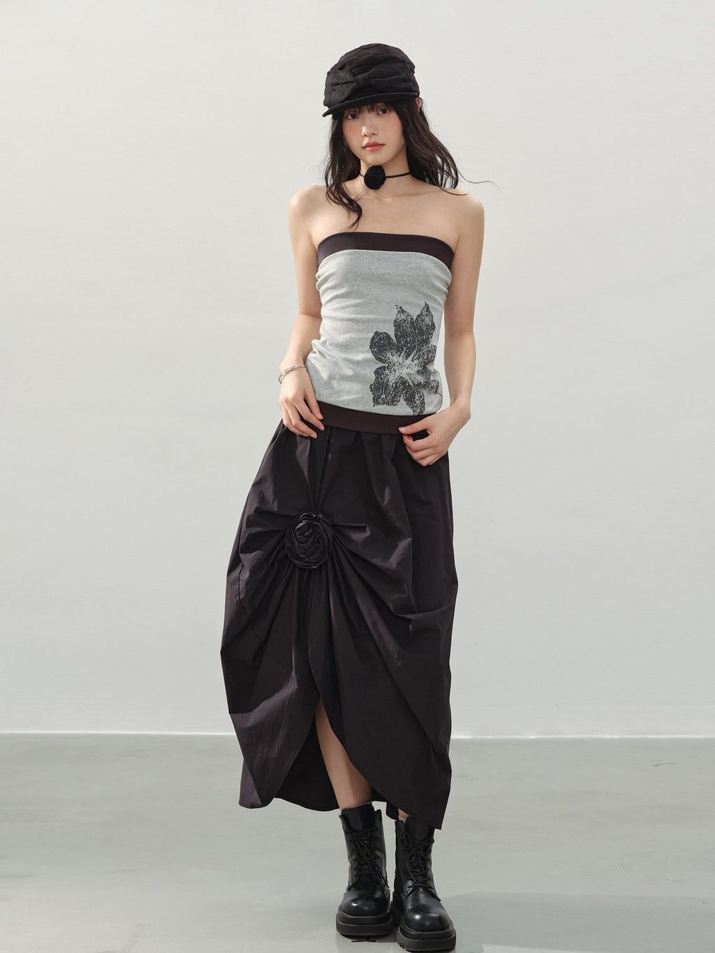 DDGIRL studio Durable Lined Cotton High Waist Asymmetric Floral Front Slit Midi Skirts